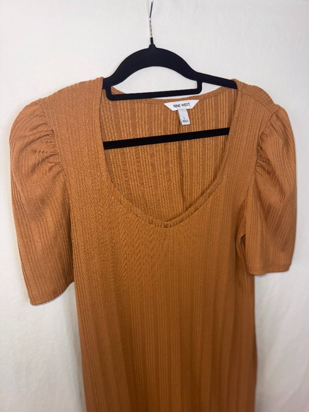 Nine West Tan Ribbed Dress with Puffy Sleeves